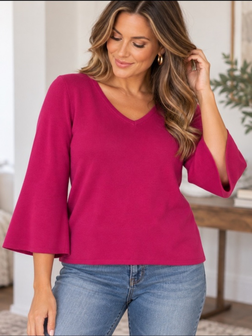 Chico’s Fuchsia Pink Bell Sleeve Sweater Top Size L